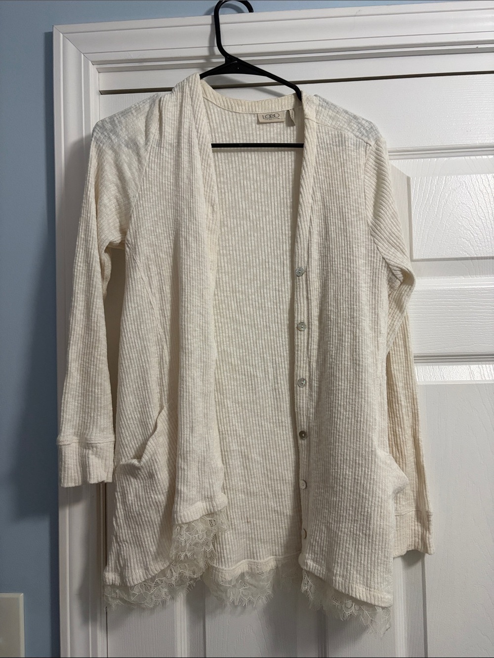 LOGO by Lori Goldstein Cream Lace-Hem Button Cardigan